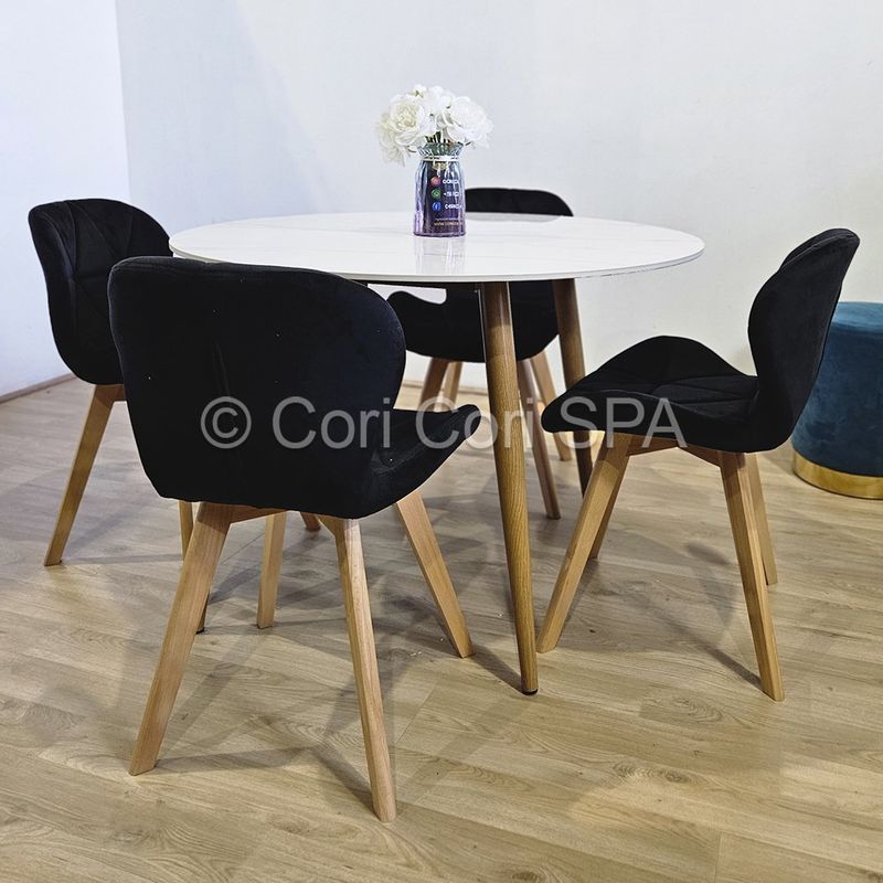 CORI CORI - Comedor Mesa Mármol (80cms) + 4 Sillas Mariposa Velvet Negro