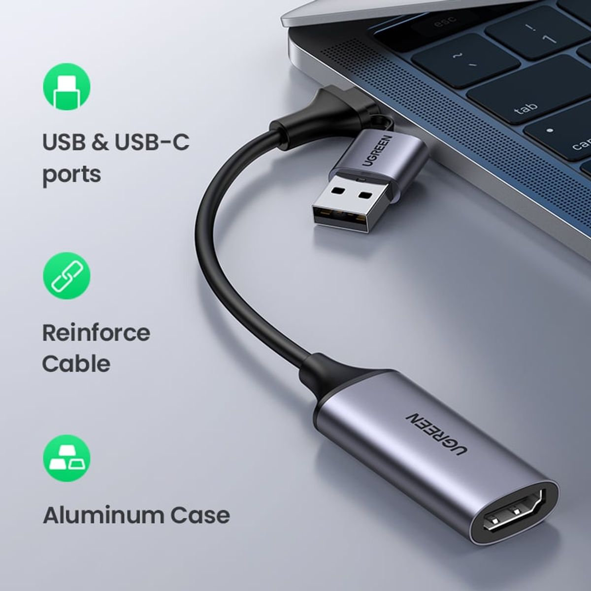 UGREEN - Capturadora de Video HDMI 4K60Hz con Adaptador USB-C a USB-A
