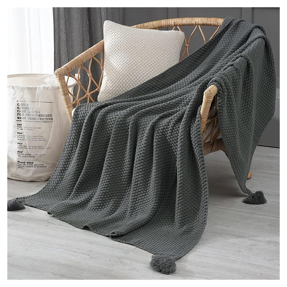 GENERICO - Manta para Sofá o Piecera Blanket Modelo Tejido y Borlas Color Gris