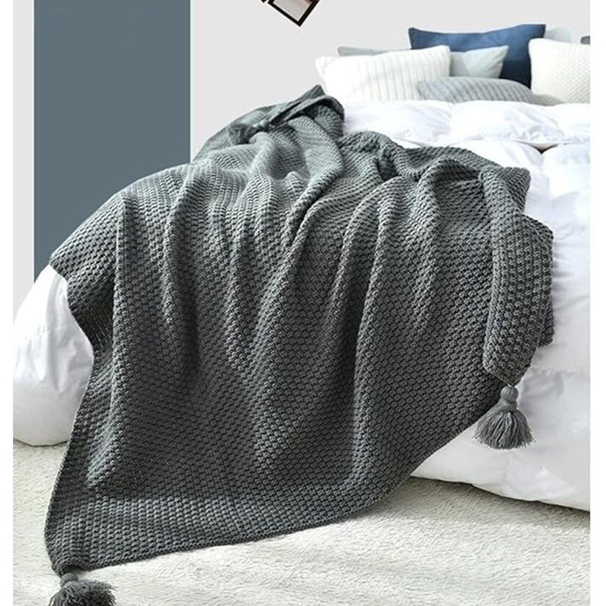 GENERICO - Manta para Sofá o Piecera Blanket Modelo Tejido y Borlas Color Gris