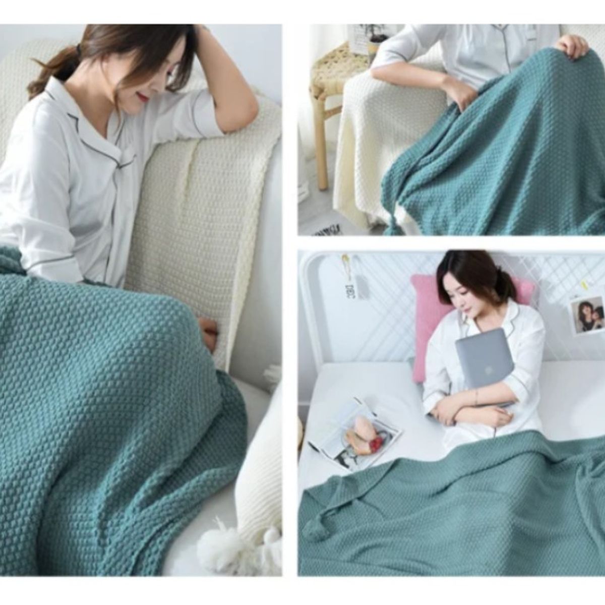 GENERICO - Manta para Sofá o Piecera Blanket Modelo Tejido y Borlas Color Menta