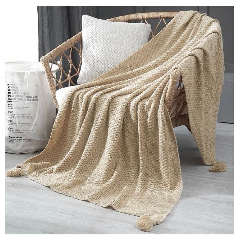 GENERICO - Manta para Sofá o Piecera Blanket Modelo Tejido y Borlas Color Arena