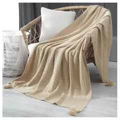 GENERICO - Manta para Sofá o Piecera Blanket Modelo Tejido y Borlas Color Arena