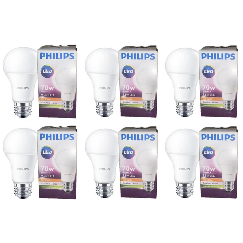 PHILIPS - Set 6 Ampolletas Philips Led 9.5w E27 Luz Calida 806 Lm