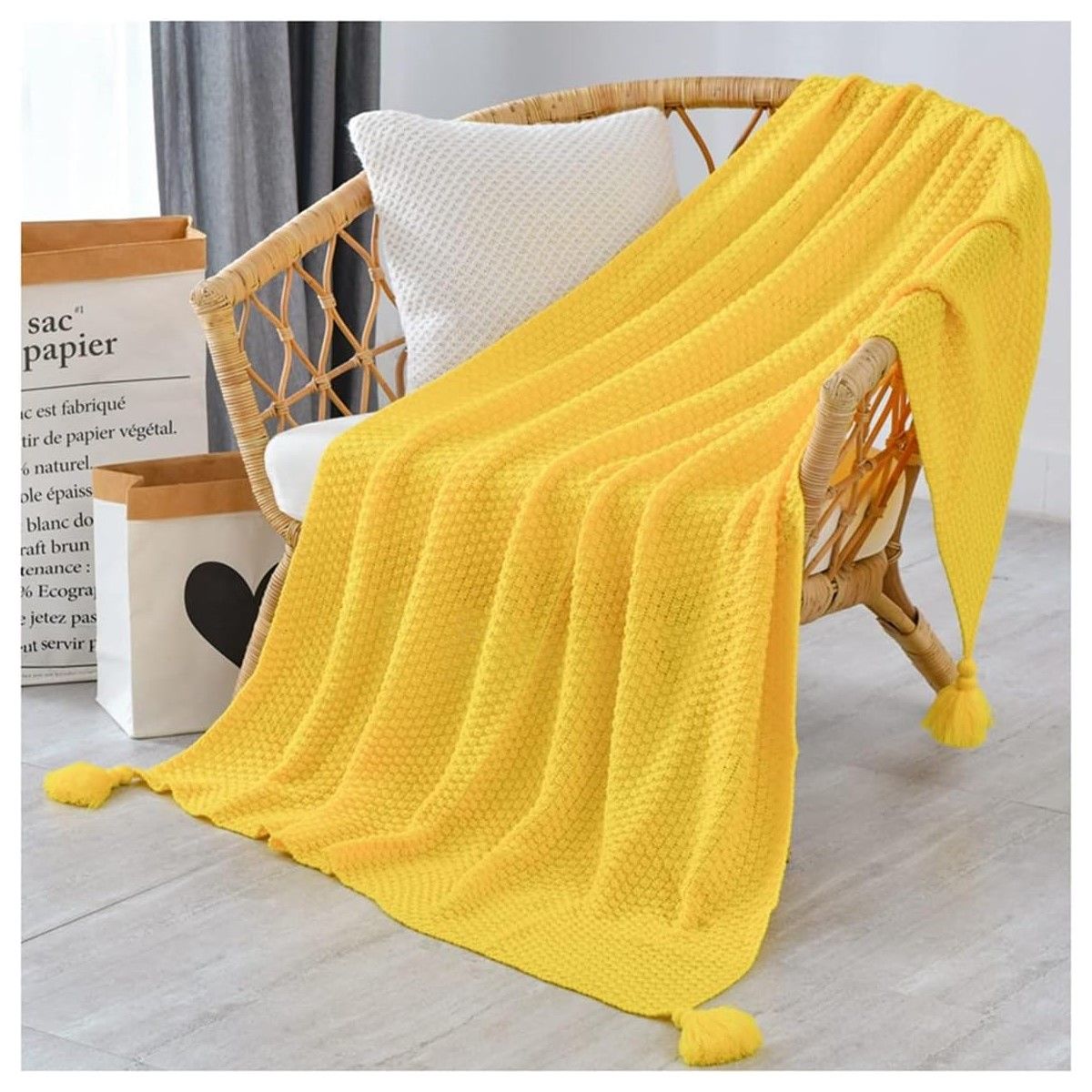 GENERICO - Manta para Sofá o Piecera Blanket Mod Tejido y Borlas Amarelo