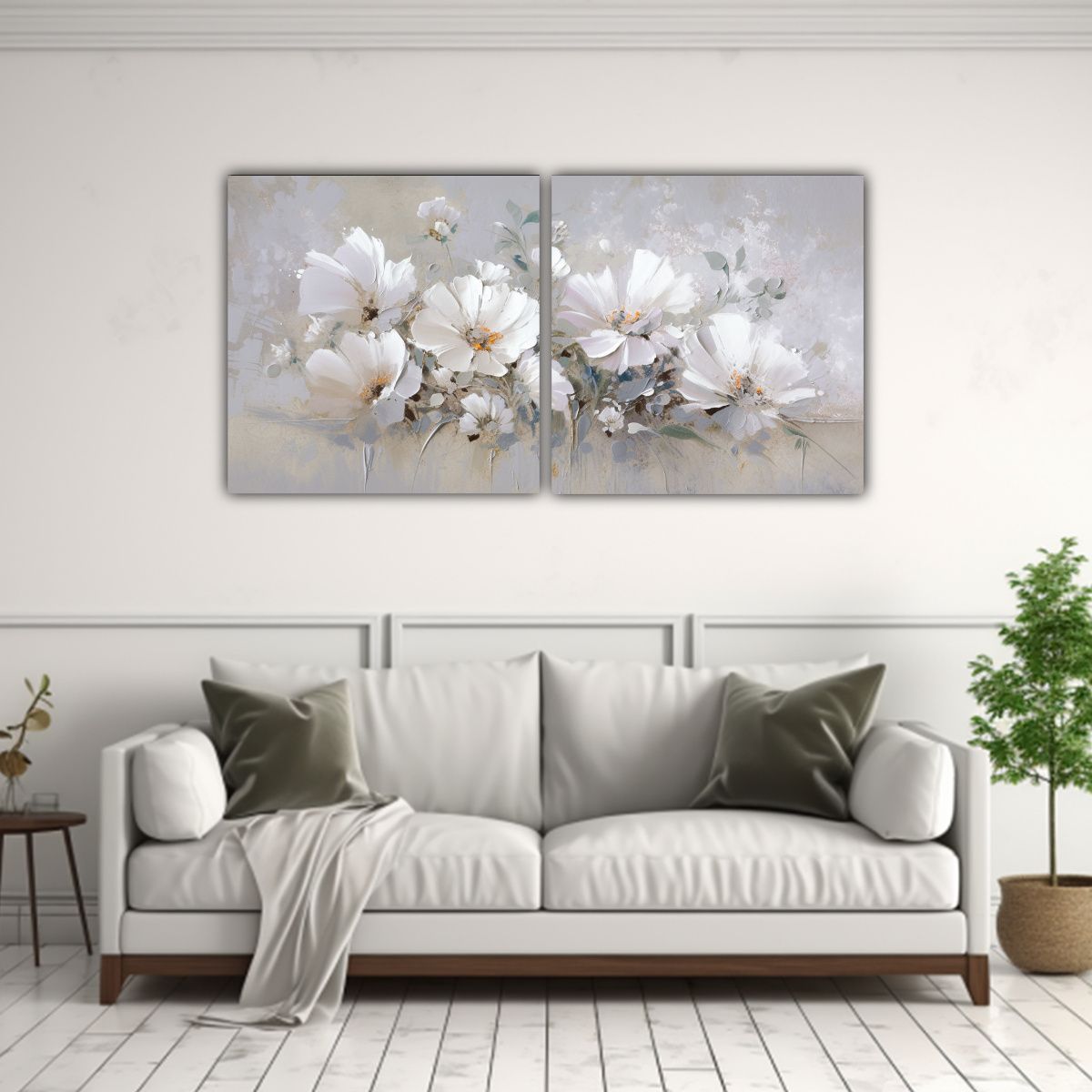 GENERICO - Pintura Floral En Lienzo En Colores Blanco Y Plateado Para D 160x80cm