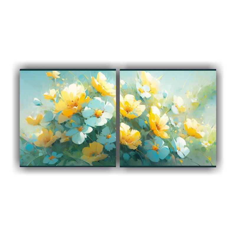 GENERICO - Exposición De Flores Amarillas Y Cian En Lienzo Dos Cuadros 160x80cm