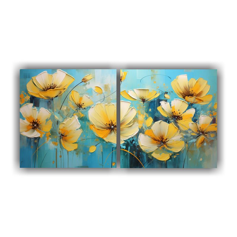 GENERICO - Set 2 Lienzos De Tela Decorativo Flores Amarillas Y Turquesa 160x80cm
