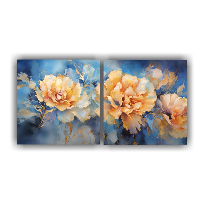 GENERICO - Dos Composiciones Florales Abstractas En Colores Oro Y Azul  160x80cm