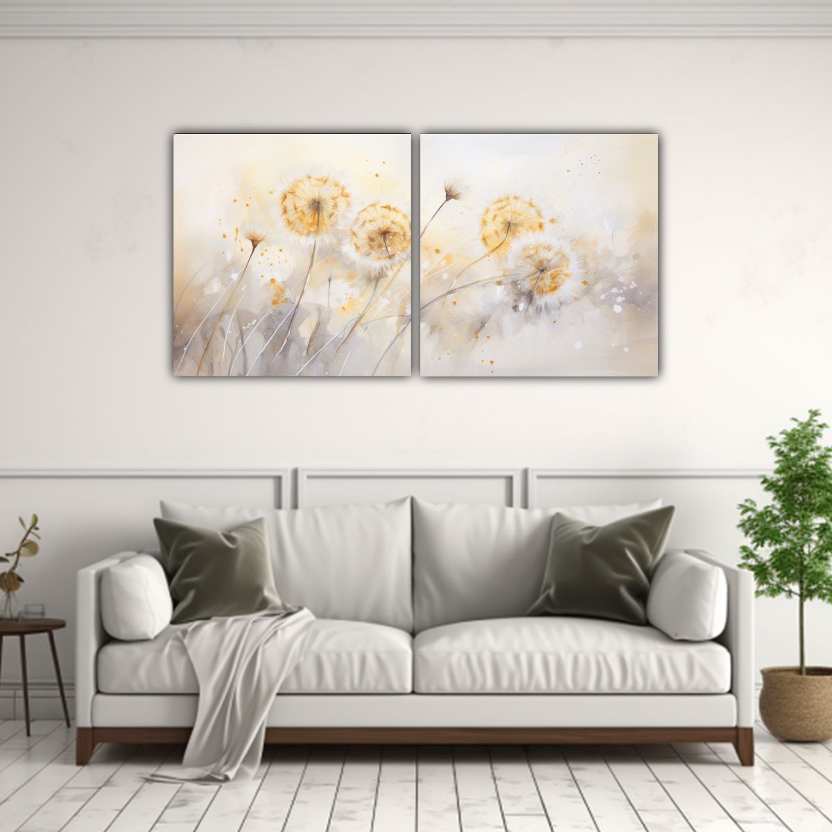 GENERICO - Pintura Abstracta De Diente De León En Colores Blanco Y Dor 160x80cm