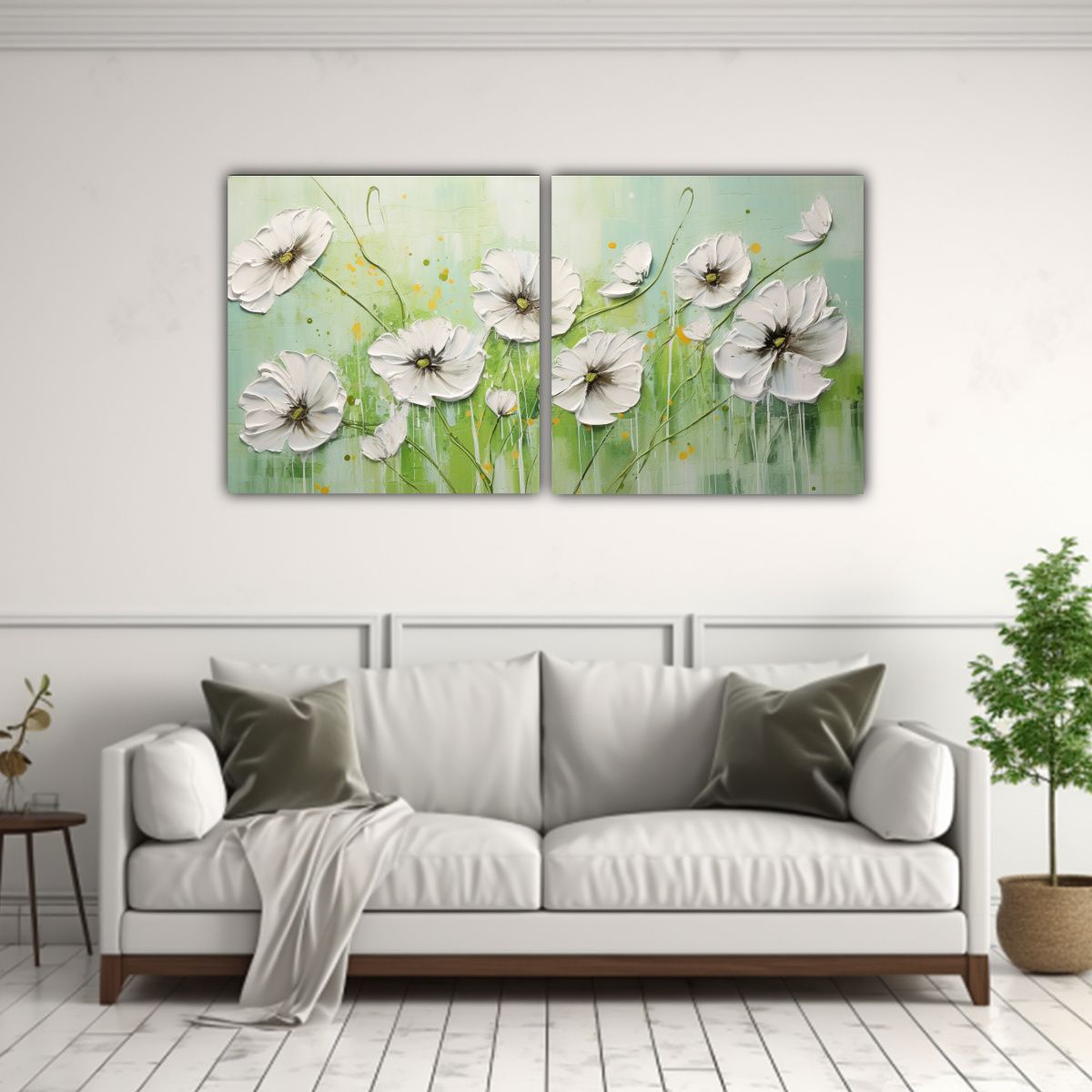 GENERICO - Pintura Lienzos Flores En Verde Y Plata En La Decoración 160x80cm