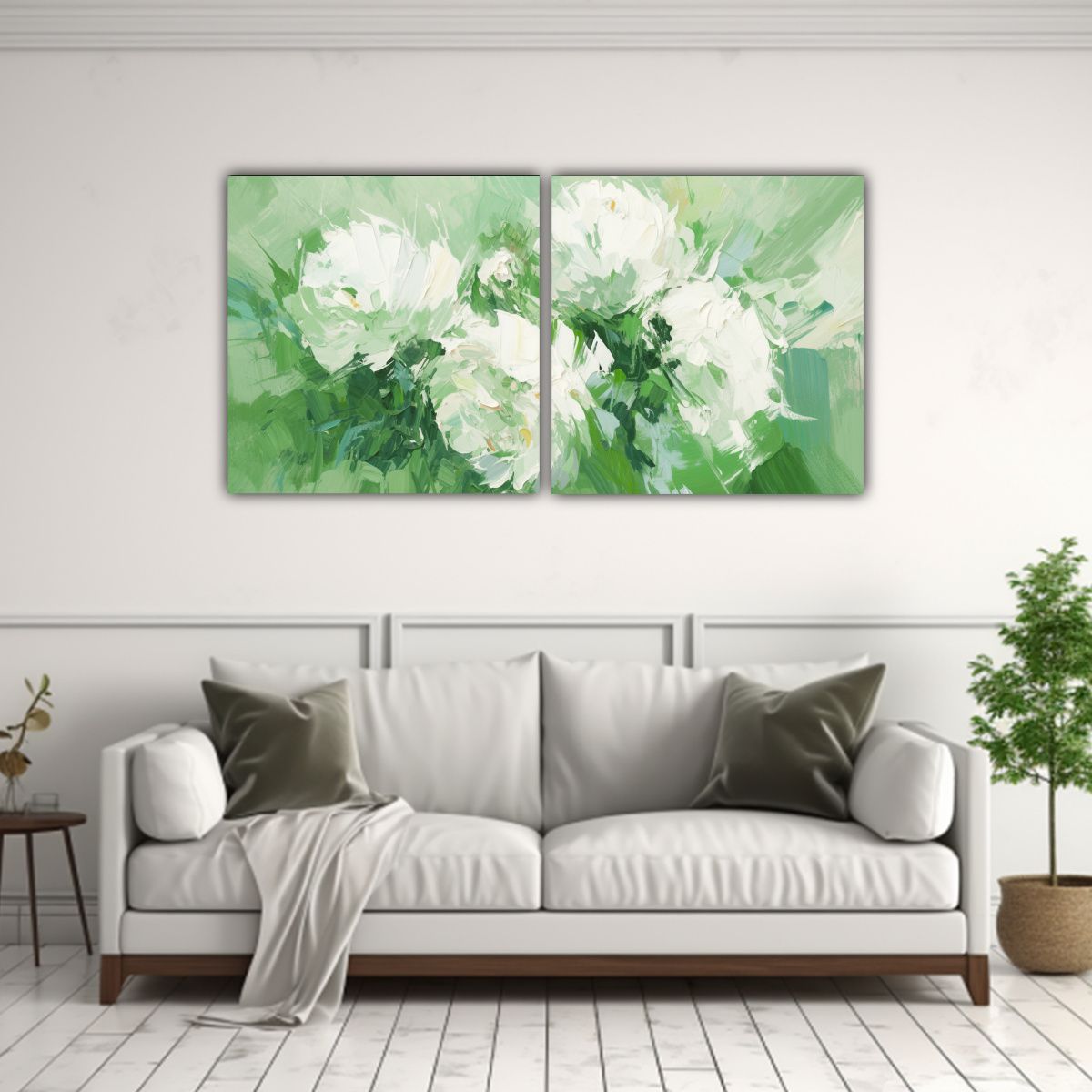 GENERICO - Pintura En Lienzo De Flores Verdes Y Blancas Para Decoració 160x80cm