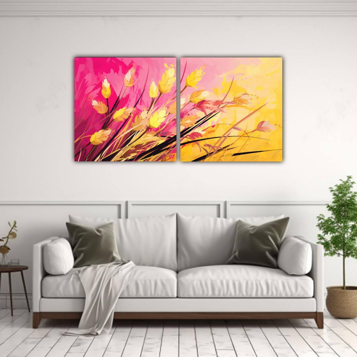 GENERICO - Cuadros Modernos Herbs Amarillo Y Rosa En Ambiente NeoNoir 160x80cm