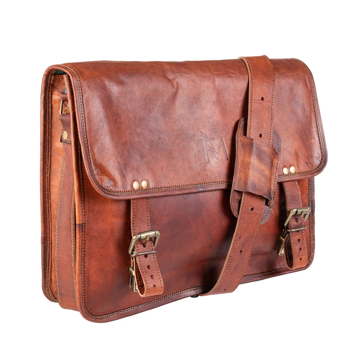 FRANZ MOSSI - Maletín de cuero natural. Café. Notebook de 15,6 pulgadas. Franz Mossi