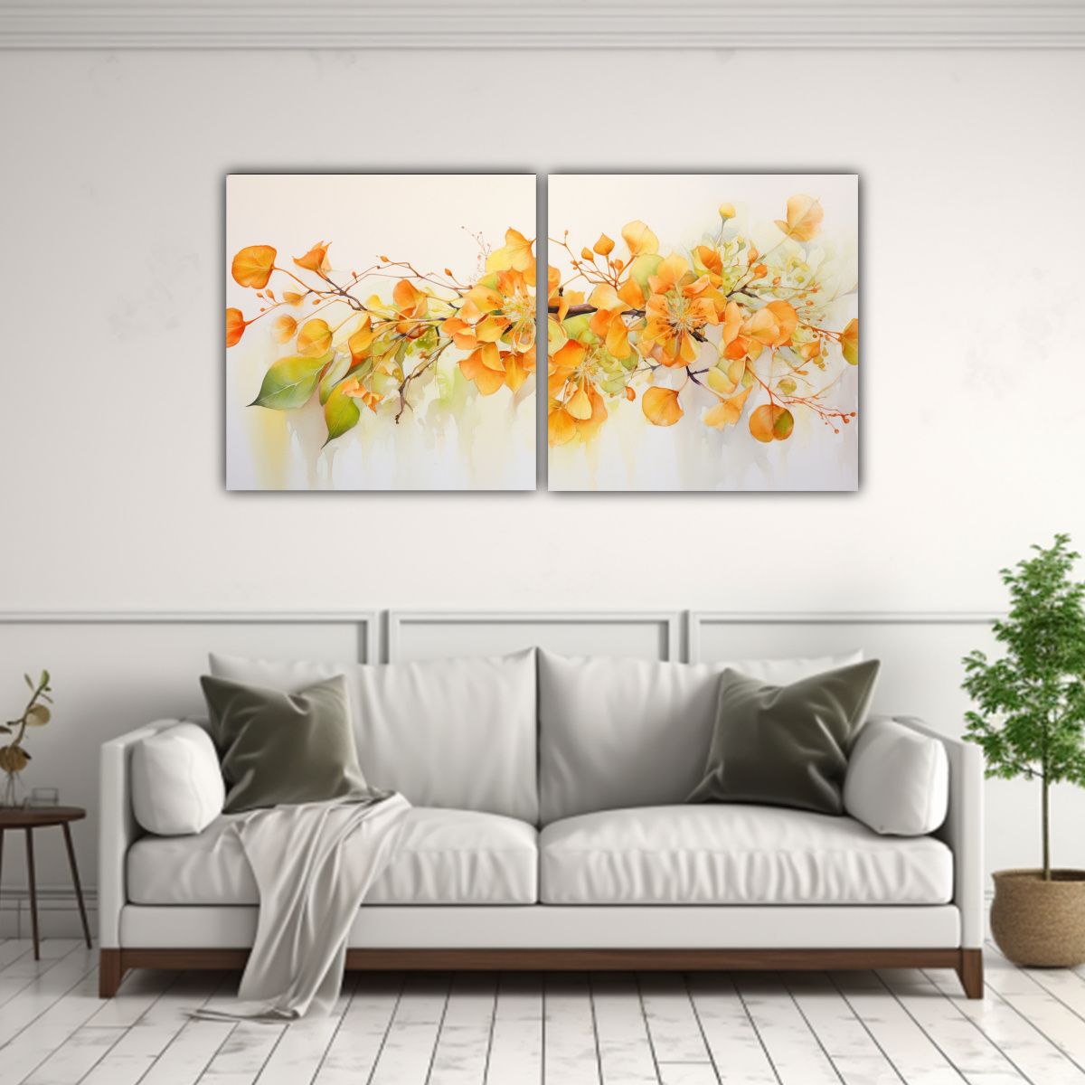 GENERICO - Dos Telas En Bastidor Flores De Tilos Naranja Y Dorado Pintu 160x80cm