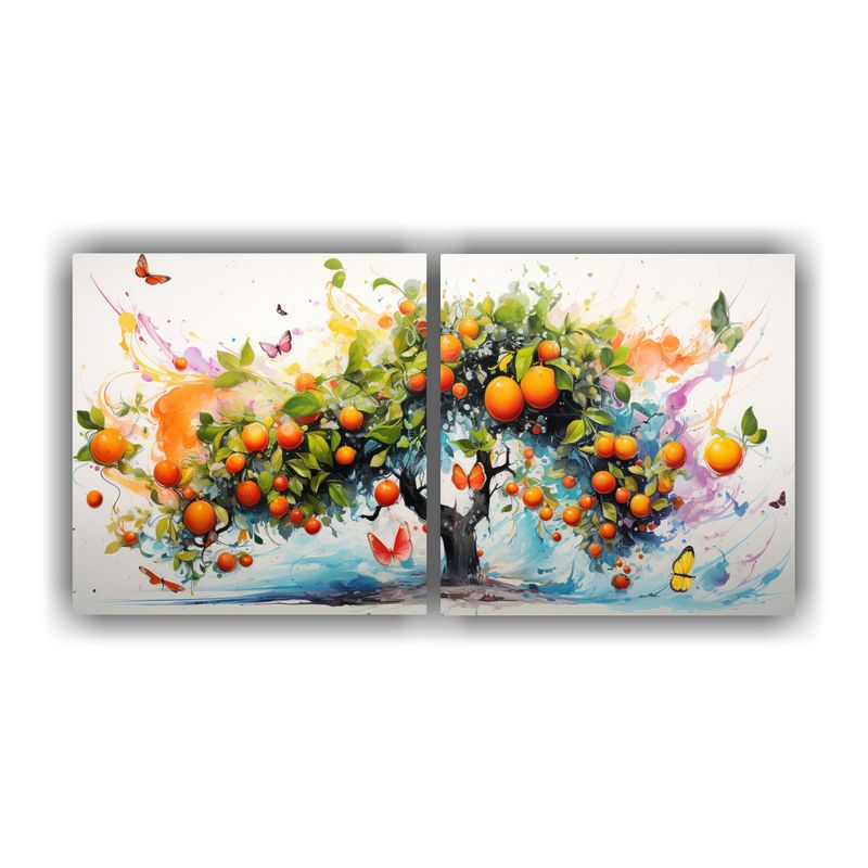 GENERICO - Díptico Florido Naranjo Colores Vibrantes Pintura Acuarela  160x80cm