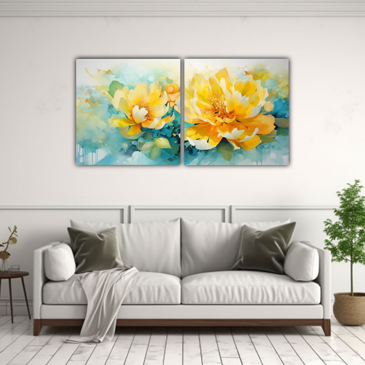 GENERICO - Lienzos Acuarela Peonías Amarillas Y Turquesa Abstractas Pa 160x80cm