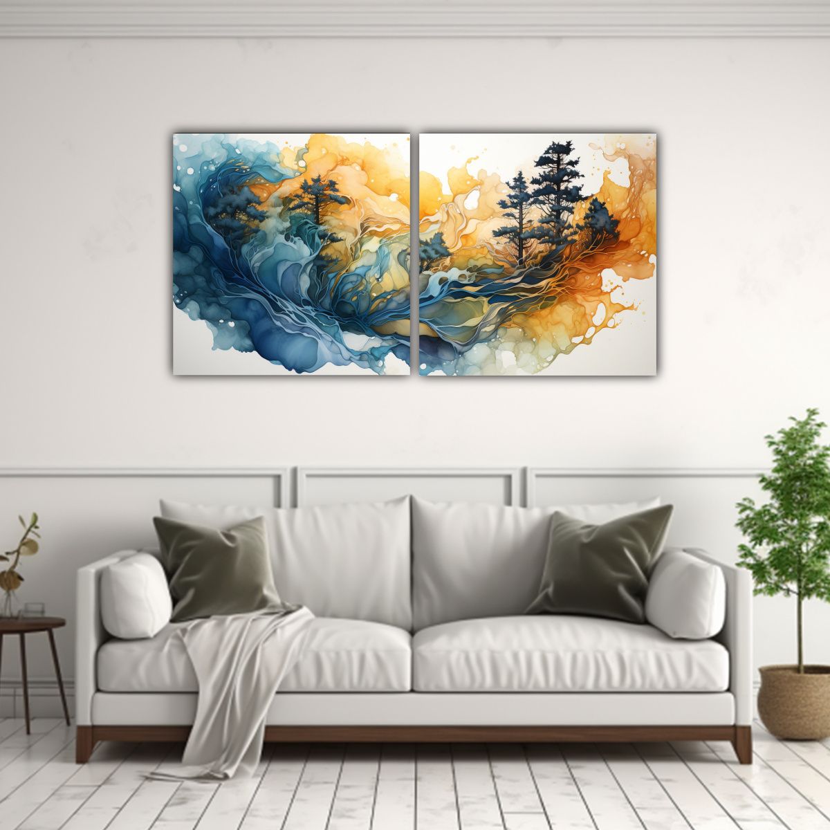 GENERICO - Pintura Abstracta De árbol De Redwood En Colores Dorado Y A 160x80cm