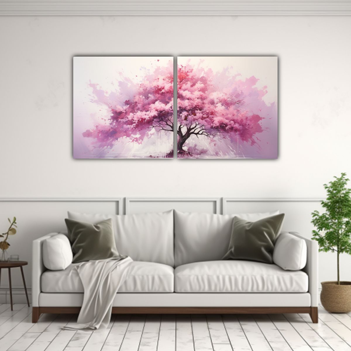 GENERICO - Pintura Abstracta De Un árbol Tropical En Blanco Y Rosa Par 160x80cm