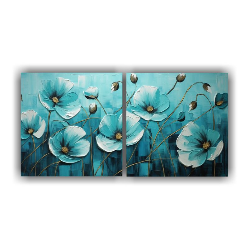 GENERICO - Cuadro Flores Turquesa Y Negro En Bastidor Con Dos Telas Ép 160x80cm