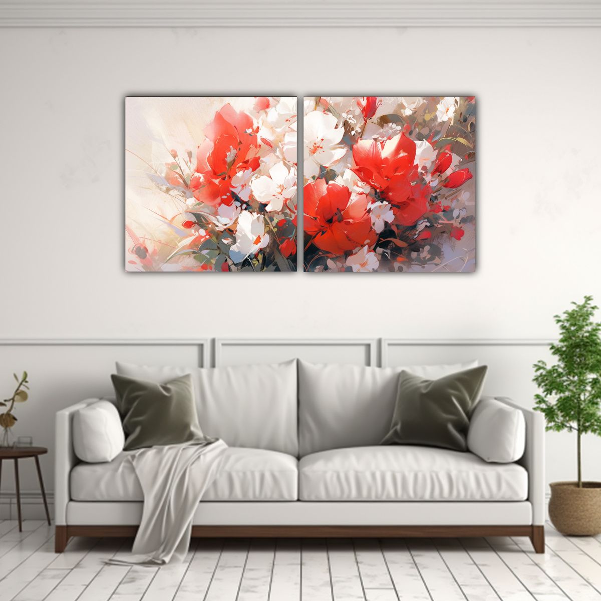GENERICO - Pintura En Lienzo Moderna Con Flores En Colores Blanco Y Roj 160x80cm