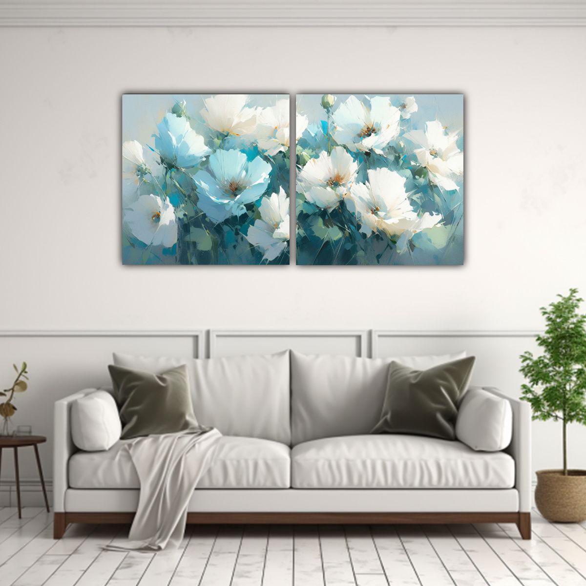 GENERICO - Cuadro Decorativo Combinación Blanco Y Turquesa Con Flores  80x40cm