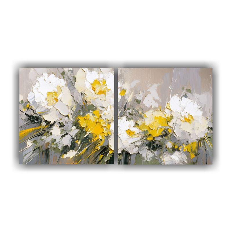 GENERICO - Cuadro Conceptual Amarillo Y Plateado De Flores En Lienzo De 160x80cm