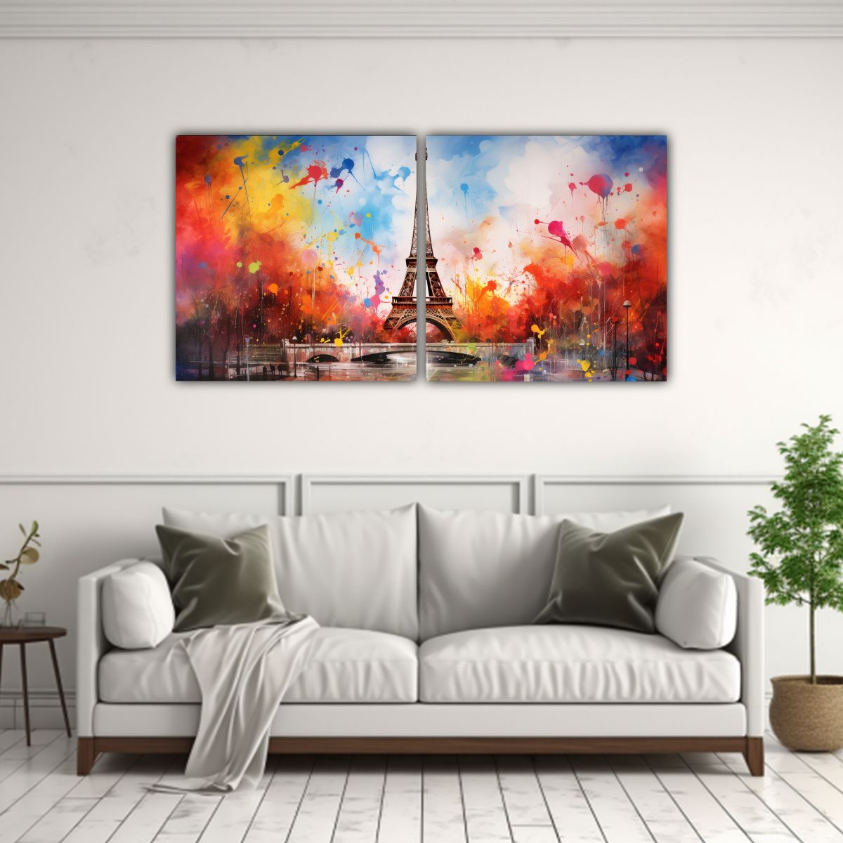 GENERICO - Set 2 Cuadros Líneas Perspectiva Torre Eiffel Acuarela Vivo 160x80cm