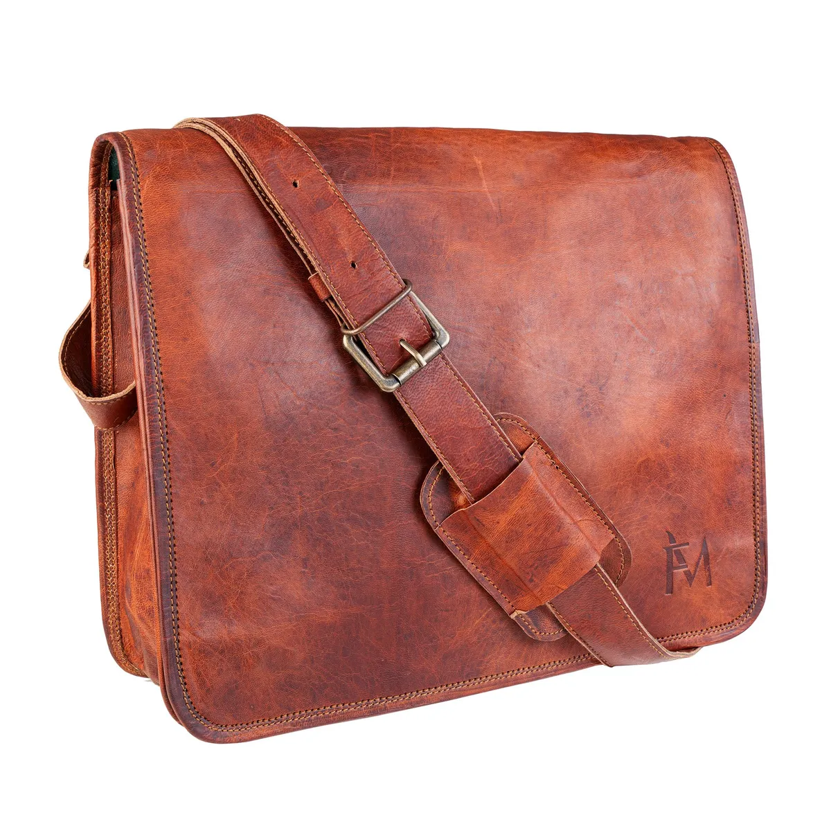 FRANZ MOSSI - Maletín de cuero natural. Café. Notebook de 15,6 pulgadas. Franz Mossi
