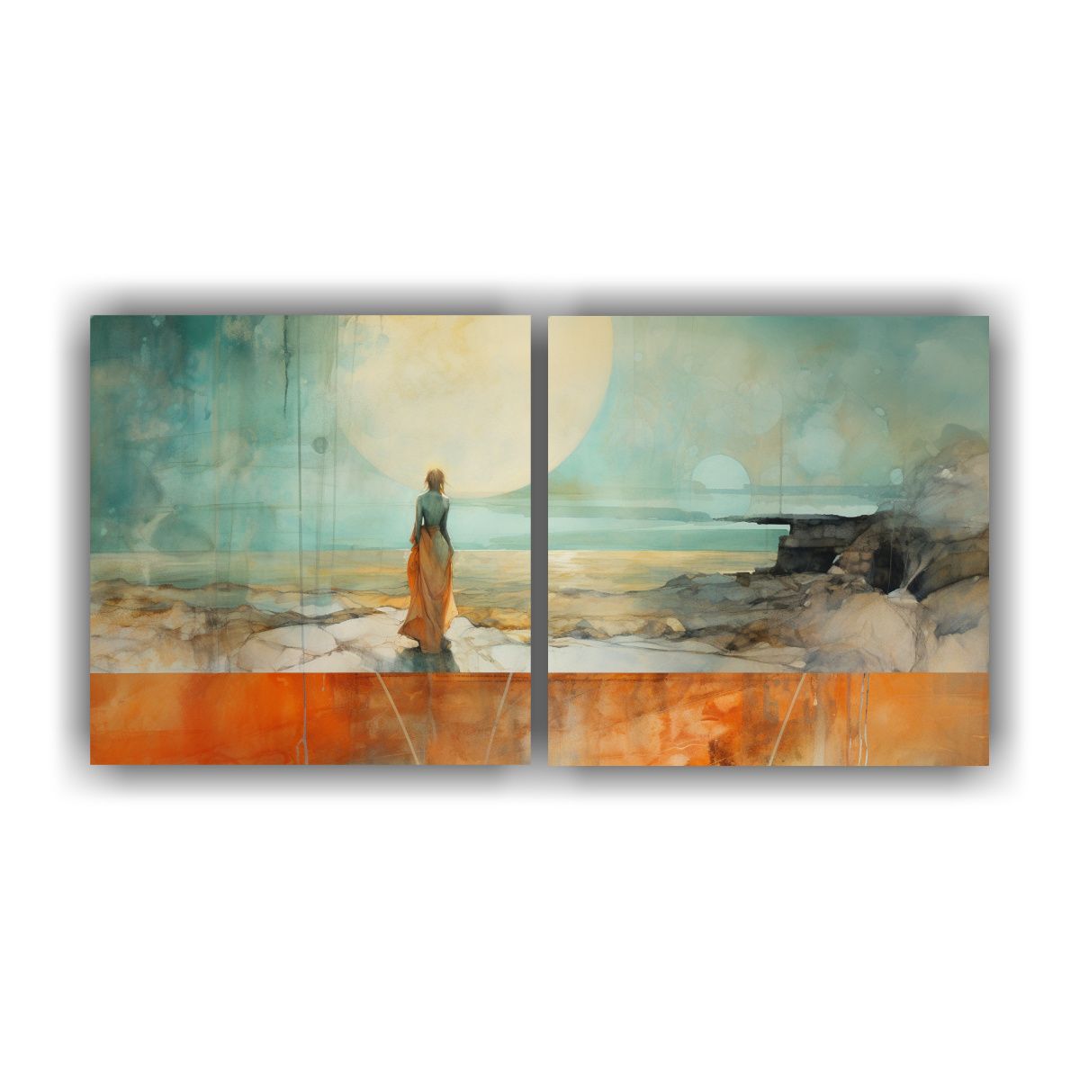 GENERICO - Pintura Decorativa Armonía En Naranja, Turquesa Y Plata Set 160x80cm