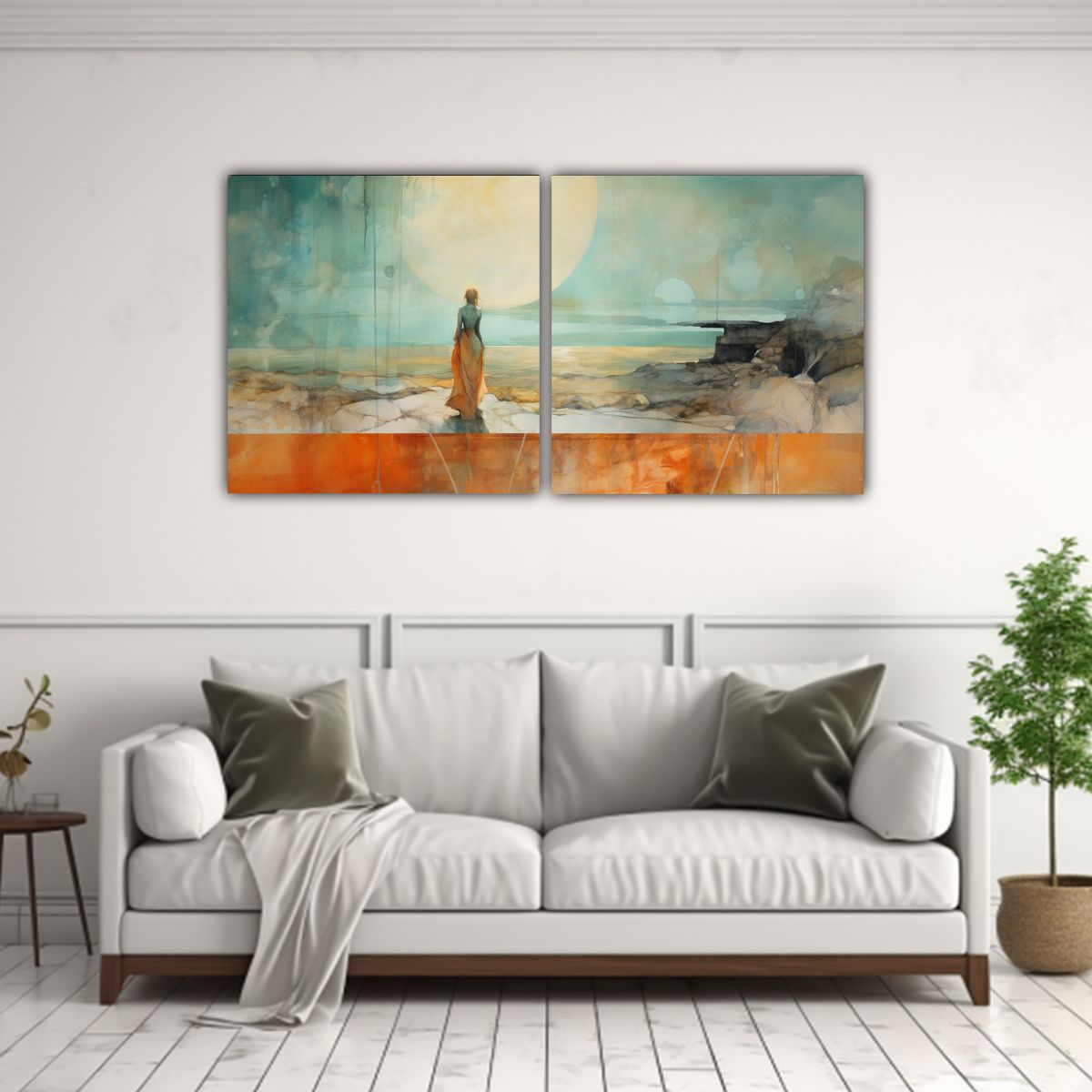 GENERICO - Pintura Decorativa Armonía En Naranja, Turquesa Y Plata Set 160x80cm
