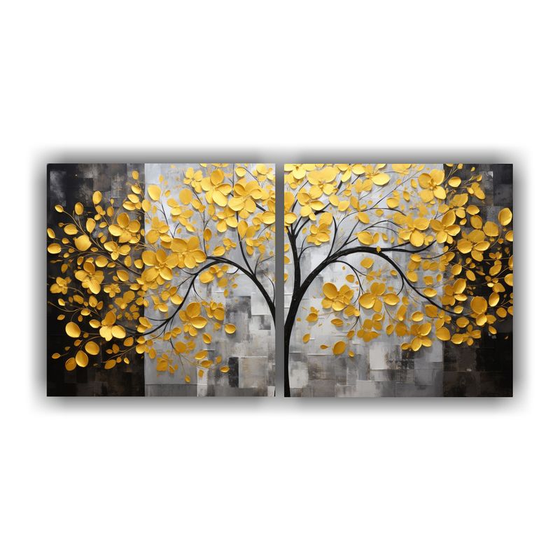 GENERICO - Conjunto 2 Lienzos Moderno Obra Maestra Amarillo Y Plateado  160x80cm