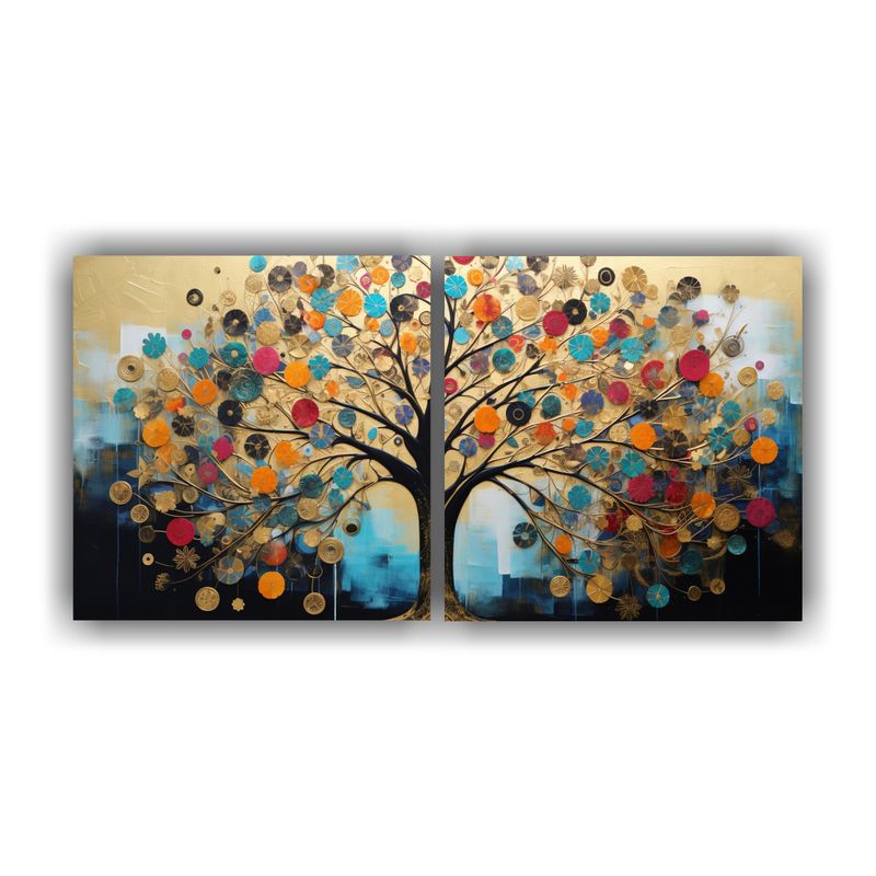 GENERICO - Pintura Moderna árbol Vibrante Y Dorado En 2 Composiciones 160x80cm