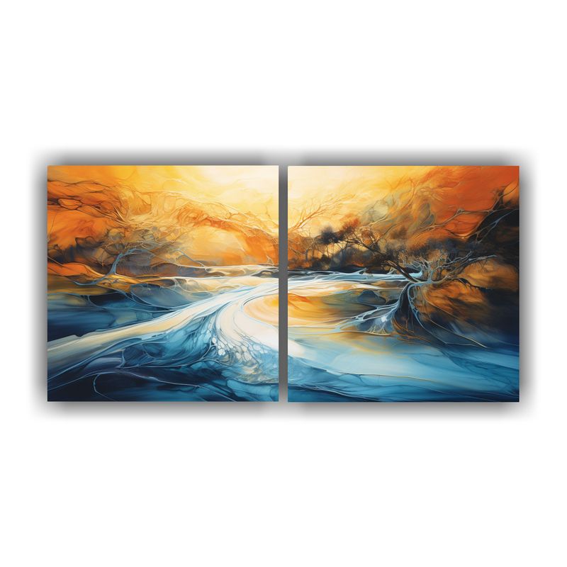 GENERICO - Dos Cuadros De Lienzo Con Tema De Río Y Reflejos: Ritmo Abs 160x80cm