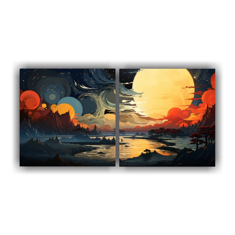 GENERICO - Díptico Acuarela Figuras Surreal Abstractas Paisajes Estilo 160x80cm