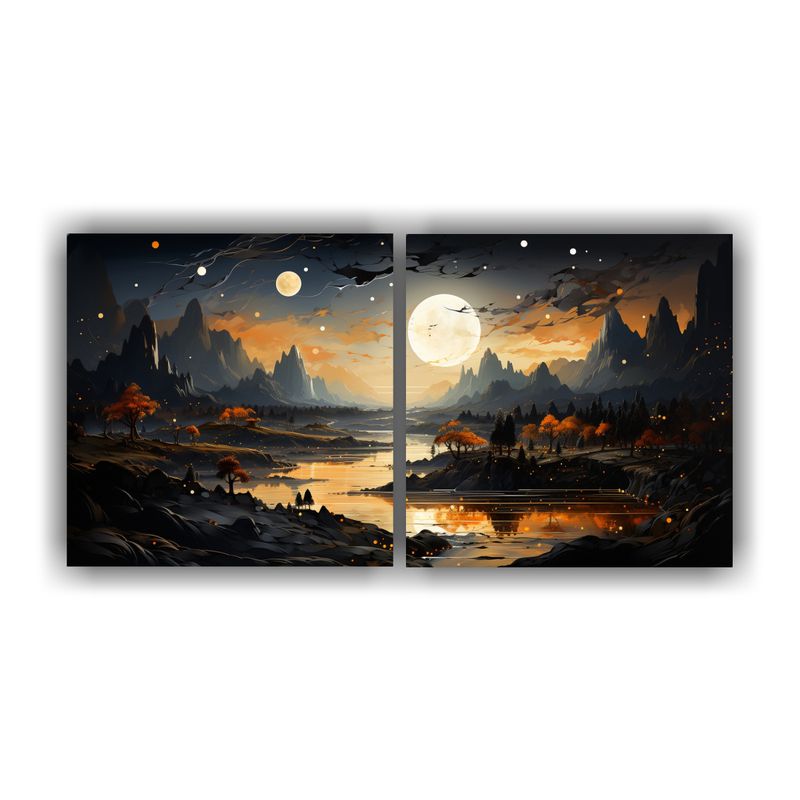 GENERICO - Cuadros Dibujo Relieve Fases Lunares Paisaje Montaña Dorado 160x80cm