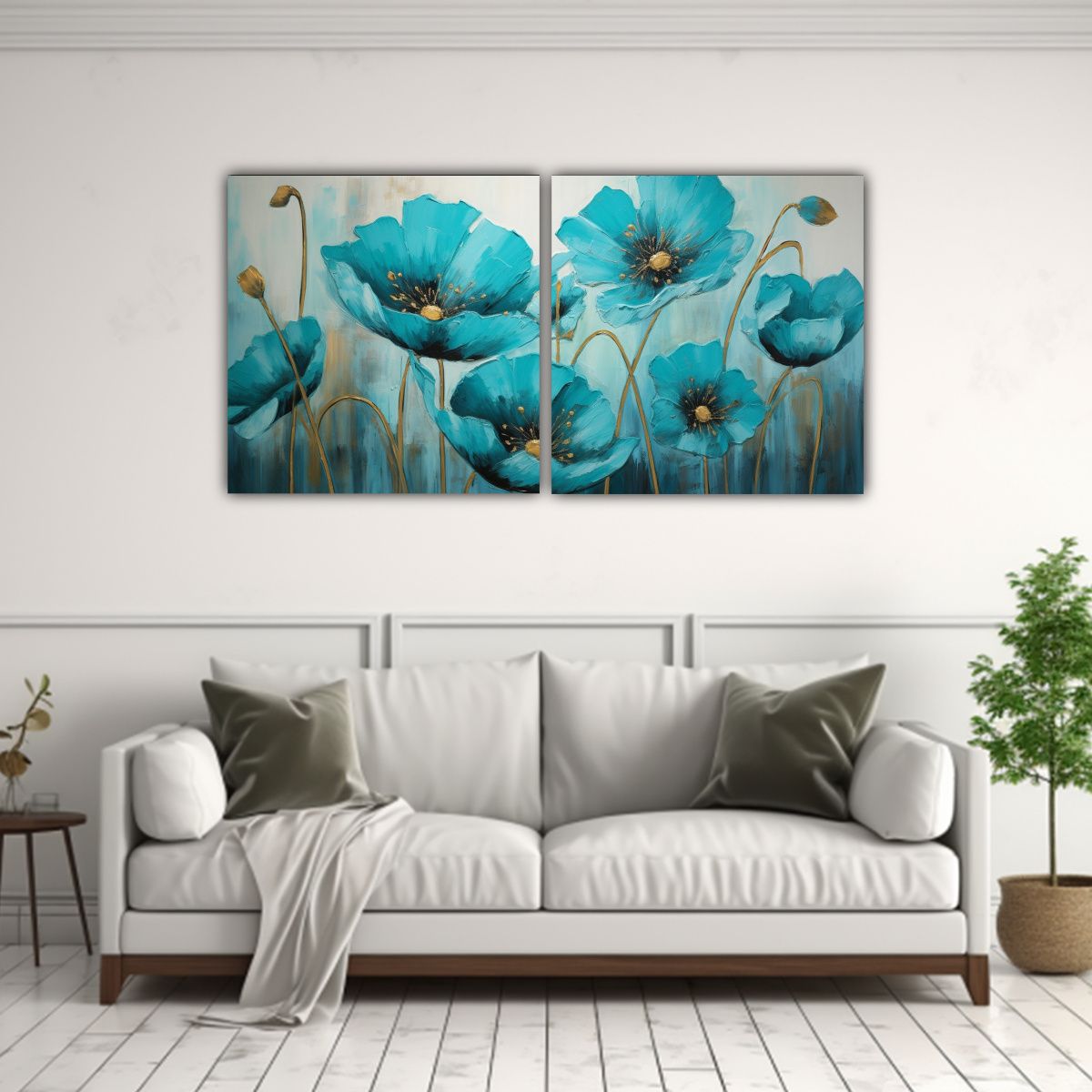 GENERICO - Cuadros Decorativos De Diseño Lineal Con Amapolas Turquesa  160x80cm