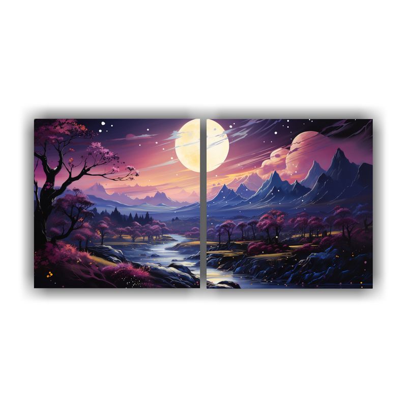 GENERICO - Cuadro Lienzo Intensa Obra Maestra, Paisaje Con Luna Y Monta 160x80cm