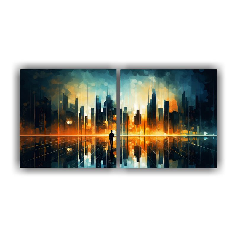 GENERICO - Cuadro Decorativo De Ciudad Abstracta En Lienzo, Set De 2. 160x80cm