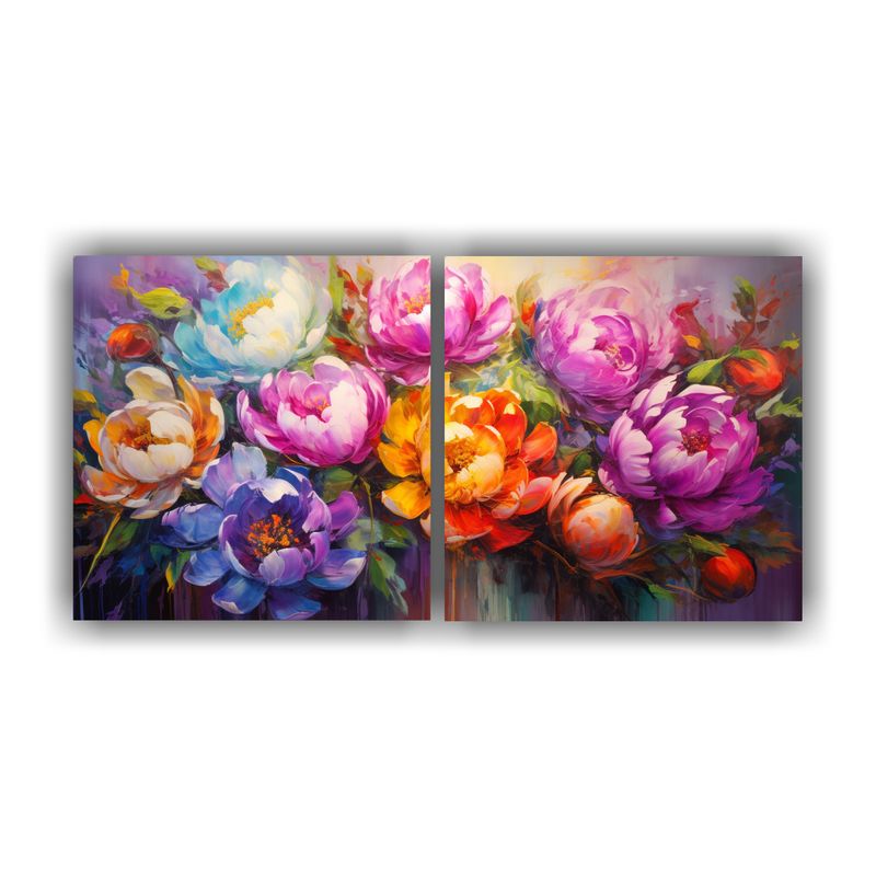 GENERICO - Díptico Decoración Estilo Arcoíris Con Pintura De PEONIAS 160x80cm
