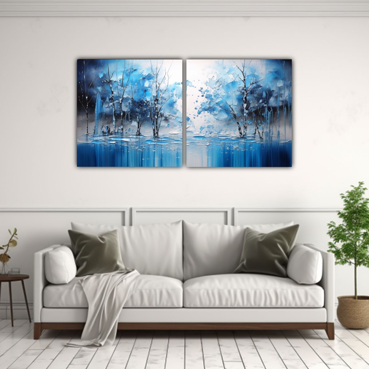 GENERICO - Pintura Urbana Hermosa En Azul Y Plateado Estilo Dos Cuadros 160x80cm