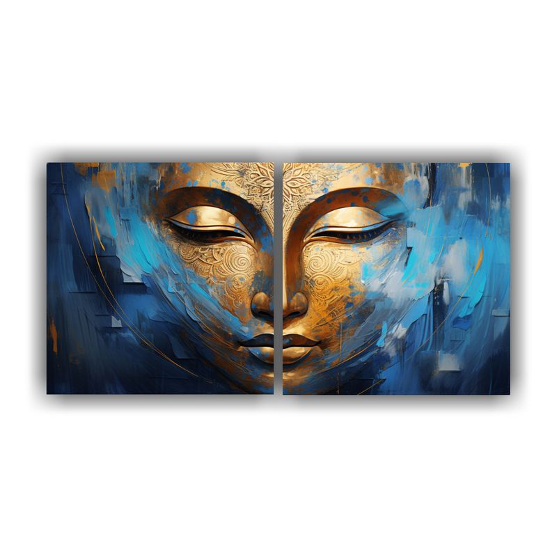 GENERICO - Cuadros Abstractos De Rostro De Buda En Tonos Dorados Y Azul 160x80cm