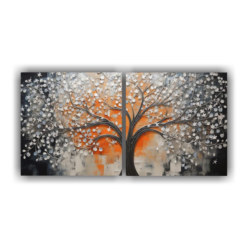 GENERICO - Pintura Decorativa De árbol En Naranja Y Plata En Dos Lienz 160x80cm