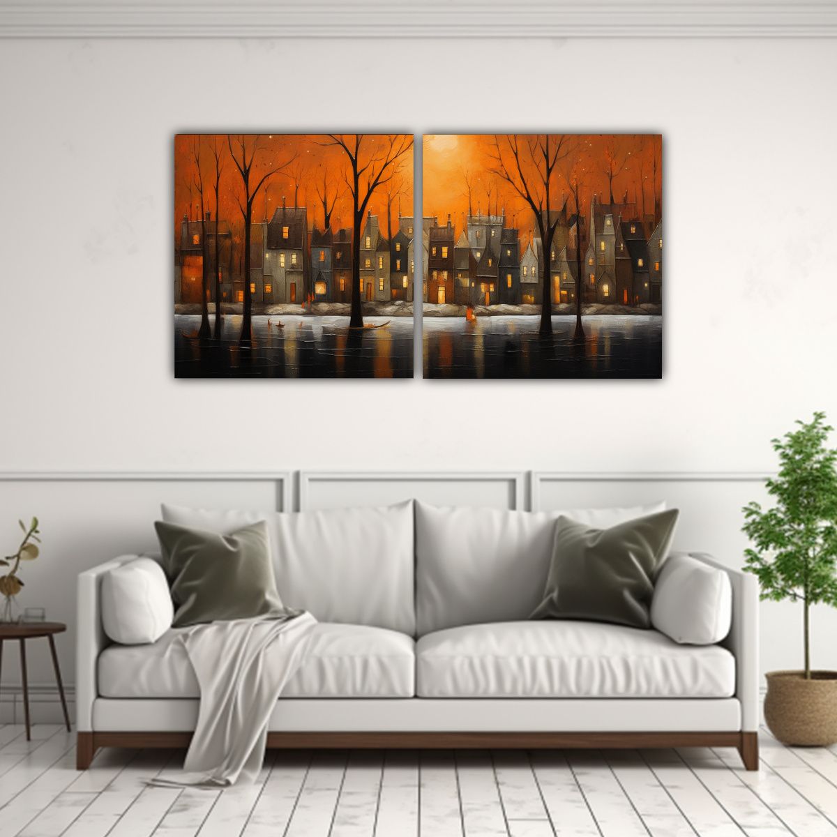 GENERICO - Díptico Horizontal Enigmático: Casas A La Orilla Del Agua 160x80cm