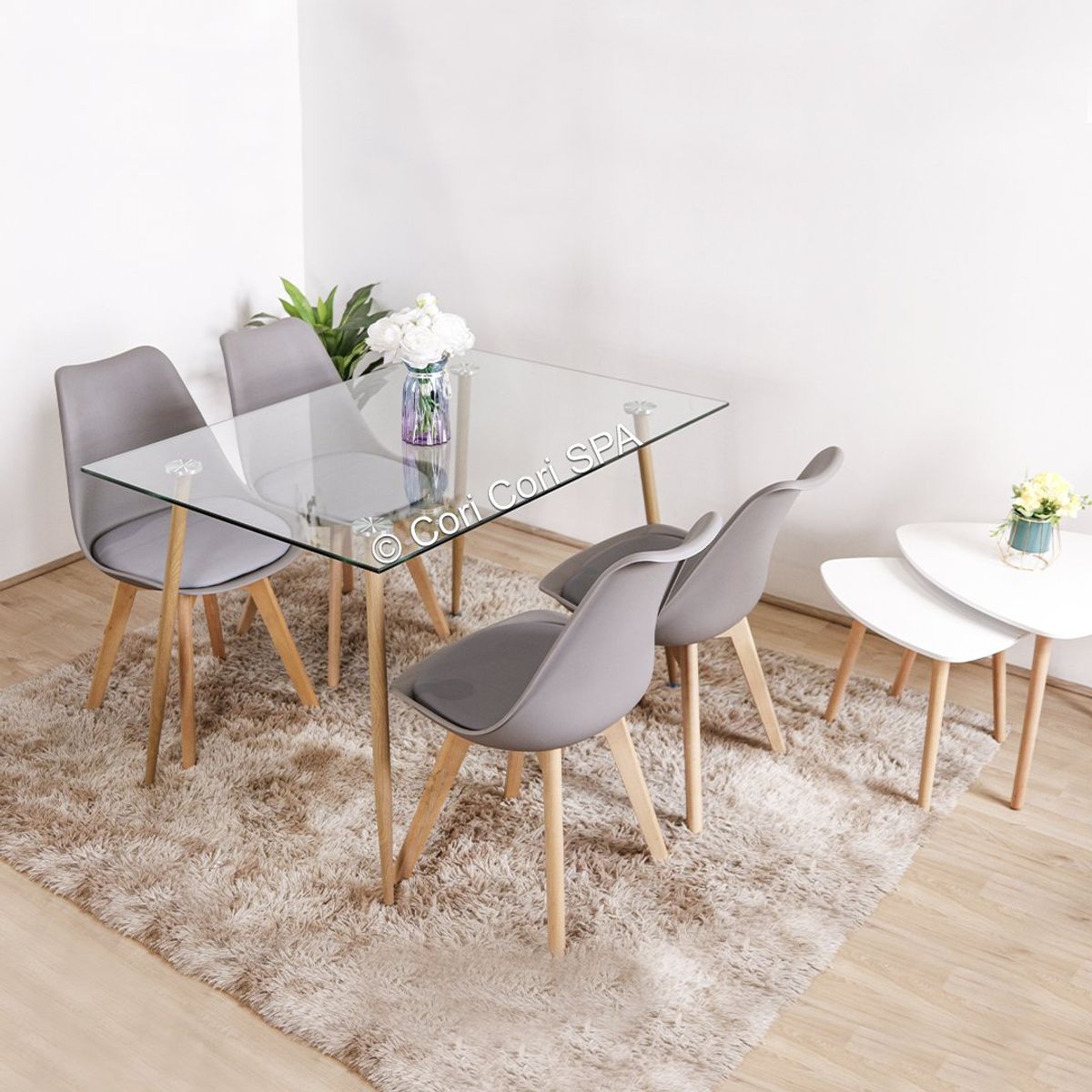 CORI CORI - Comedor Vidrio 130 x 80 cm + 4 Sillas Tulip Gris