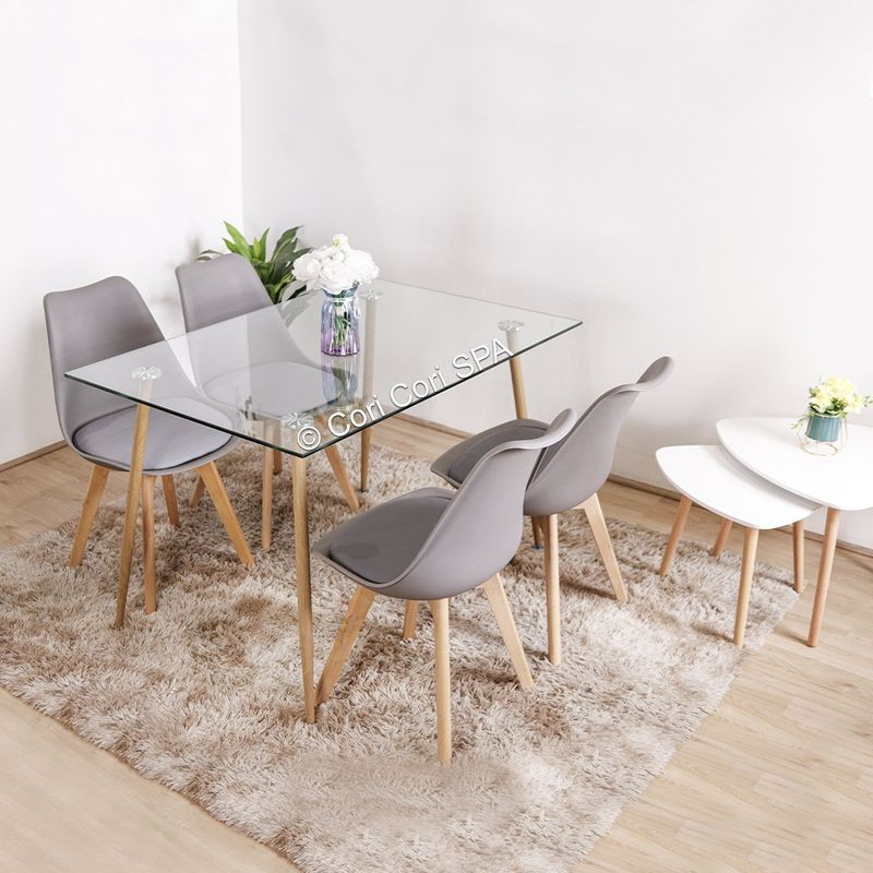 GENERICO - Comedor vidrio 130 x 80cm + 4 sillas Sulip acolchadas color Gris