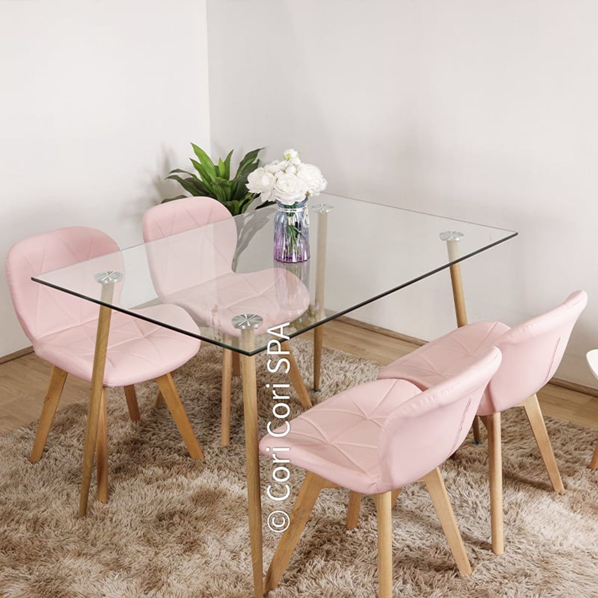 CORI CORI - Comedor Rubi 120x80cm + 4 Sillas Mariposa Ecocuero Wood Rosa