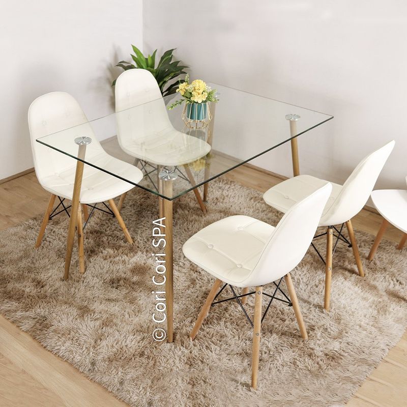 CORI CORI - Mesa vidrio 130 x 80 cms + 4 sillas capitonne EAMES Blanco