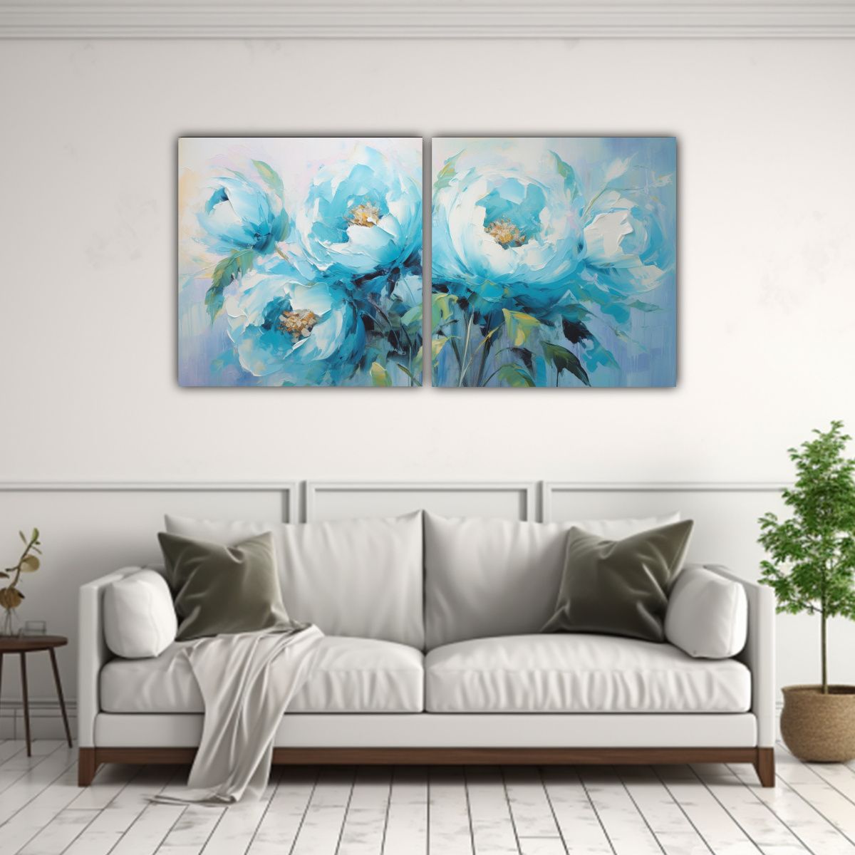 GENERICO - Diptico Tela Sublimada Floral En Turquesa Con Pintura En Lie 160x80cm