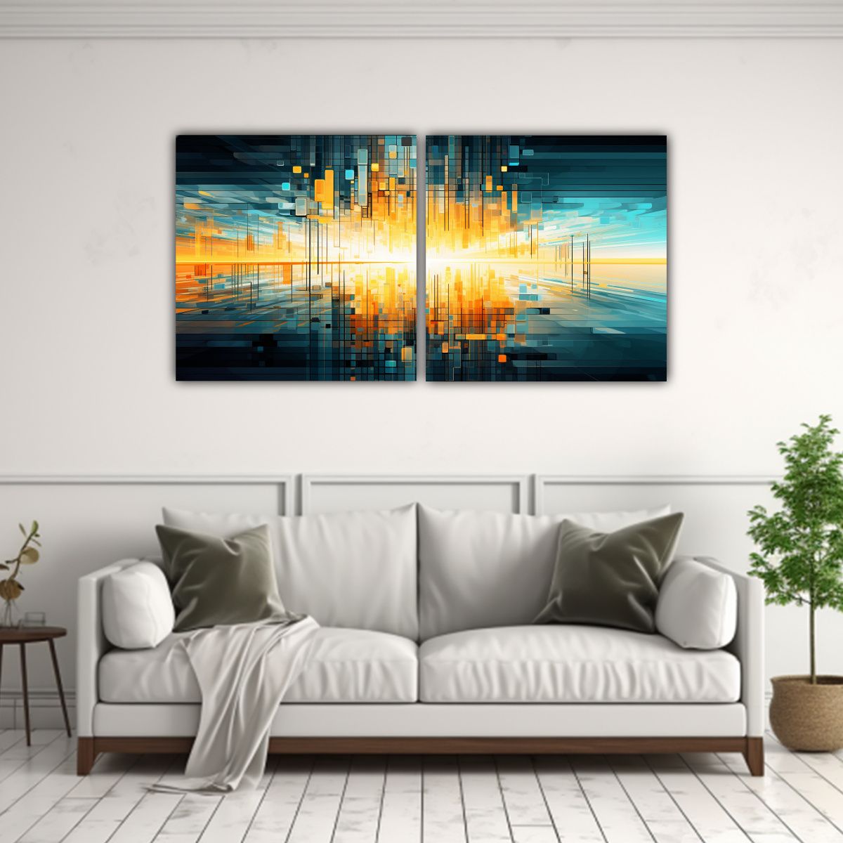 GENERICO - Dos Lienzos Acuarela Lineales Estilo Abstracto Futurista 160x80cm